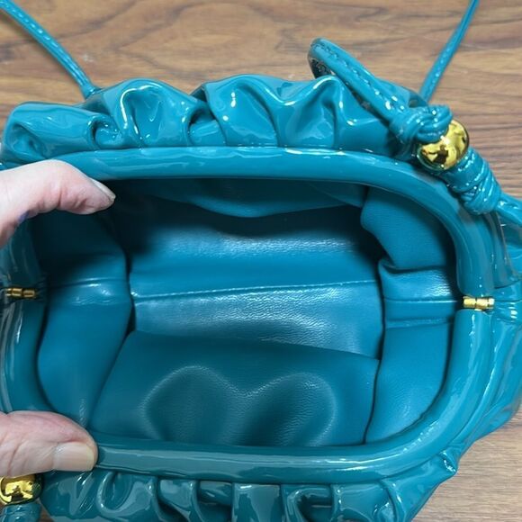 NWOT Cloud Pleated Mini Cross Body Bag in Teal Blue Patent Leather/Gold Bead. - Picture 4 of 5